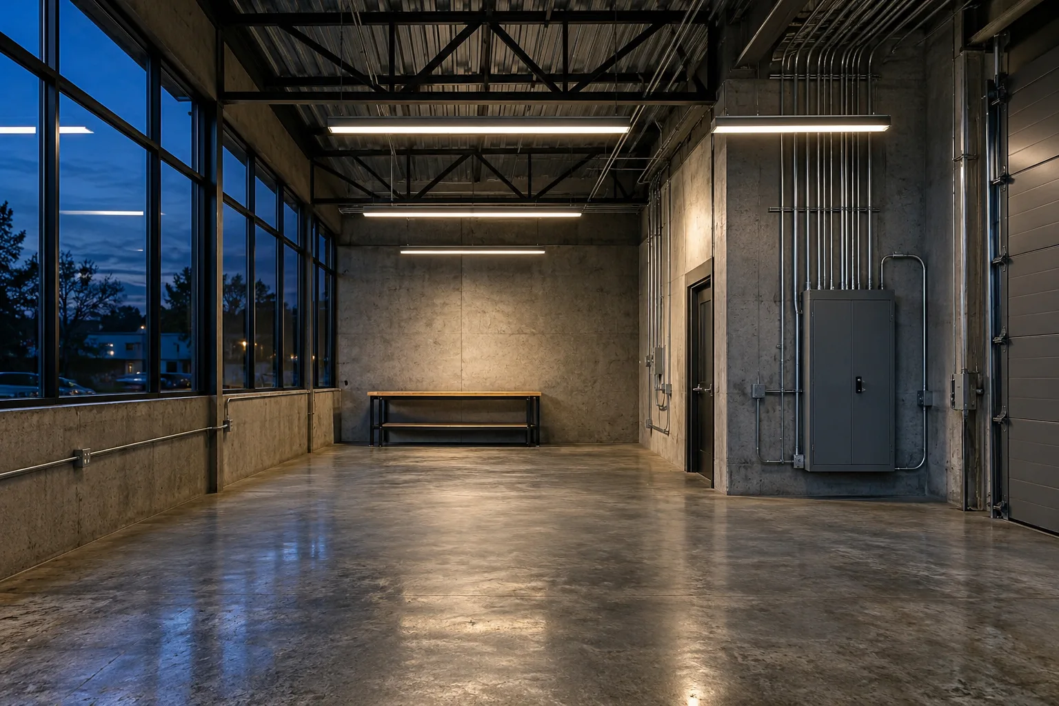 Illustrative commercial workshop with overhead lighting