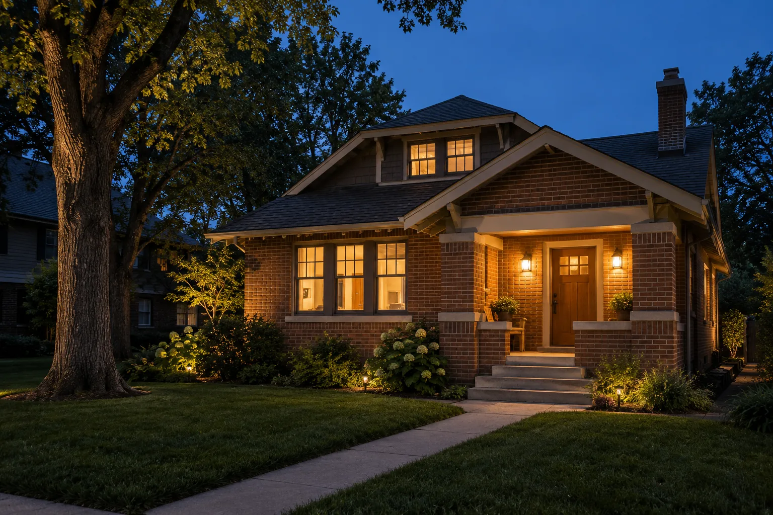 Illustrative brick home with warm porch lighting at dusk
